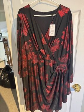 Elegant Black Long Sleeve Wrap Dress with Red Floral Print